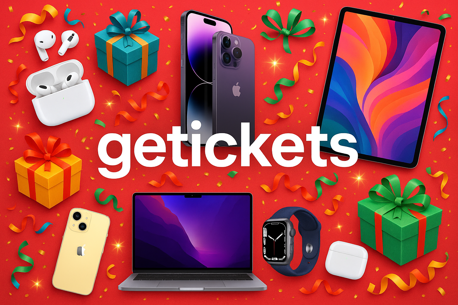 , est-ce que tu peux me générer une grande photo avec dessus des iPhone des AirPods des MacBook des iPad et plein de choses à gagner avec des cadeaux et autres avec en plein milieu getickets